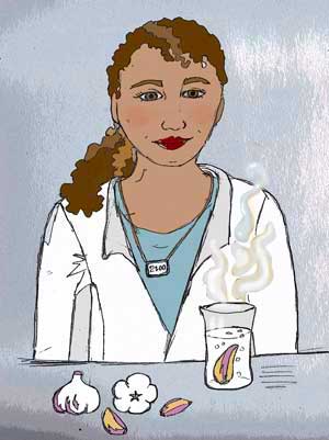 Woman scientist checks out the power of garlic by Susan Fluegel at Grey Duck Garlic